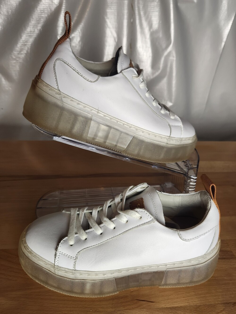 42 Gold Glee White Leather Platform Sneakers Women 7 Chunky Clear Soles Casual - Picture 3 of 11